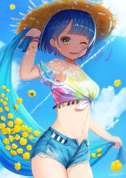 Rule 34 | 1girl, ;d, blue hair, blue shorts, blue sky, blunt bangs, cloud, contrail, cowboy shot, day, flower, green eyes, hair ornament, hairclip, hat, highres, legs together, midriff, navel, omelet tomato, one eye closed, open mouth, original, outdoors, short shorts, shorts, sky, smile, solo, standing, straw hat, sun hat, thighs, unbuttoned, wristband