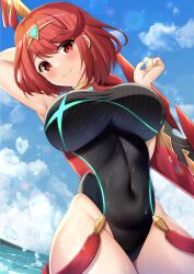 Rule 34 | 1girl, absurdres, arm behind back, arm up, black one-piece swimsuit, blue sky, blush, breasts, circlet, closed mouth, cloud, commentary request, competition swimsuit, covered navel, day, highleg, highres, holding, holding sword, holding weapon, looking at viewer, ocean, one-piece swimsuit, outdoors, pinesphere, pyra (xenoblade), red eyes, red hair, short hair, signature, sky, smile, solo, swimsuit, sword, sword behind back, water drop, weapon, wide hips, xenoblade chronicles (series), xenoblade chronicles 2