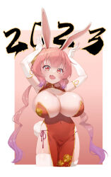 Rule 34 | 1girl, 2023, absurdres, alternate costume, animal ears, armpits, border, chinese zodiac, cleavage cutout, clothing cutout, covered navel, cowboy shot, dragon girl, dragon horns, dress, elbow gloves, fang, gloves, gradient background, heiyu, highres, horns, ilulu (maidragon), kobayashi-san chi no maidragon, long hair, looking at viewer, open mouth, panties, panty straps, pink background, pink hair, purple hair, purple panties, rabbit ears, red dress, red eyes, shadow, side-tie panties, skin fang, slit pupils, solo, twintails, underwear, white border, white gloves, year of the rabbit