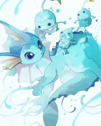 Rule 34 | :3, animal focus, blue eyes, blue sclera, blue skin, cetacean tail, closed mouth, colored sclera, colored skin, commentary, creatures (company), crossover, fins, fish tail, forked tail, game freak, gen 1 pokemon, head fins, highres, ice pikmin, li04r, nintendo, no humans, pikmin (creature), pikmin (series), pokemon, pokemon (creature), simple background, symbol-only commentary, tail, vaporeon