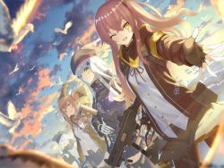 Rule 34 | 404 (girls&#039; frontline), 4girls, :d, ;d, animal, arms up, assault rifle, bird, black gloves, blue sky, blurry, blurry foreground, blush, breasts, brown eyes, brown hair, brown jacket, brown legwear, brown ribbon, brown skirt, closed eyes, closed mouth, cloud, cloudy sky, commentary request, day, depth of field, dress shirt, dutch angle, facial mark, fingerless gloves, fingernails, flat cap, g11 (girls&#039; frontline), girls&#039; frontline, gloves, green eyes, green hat, green jacket, gun, h&amp;k hk416, h&amp;k ump, hair between eyes, hair ornament, hairclip, hat, heckler &amp; koch, hk416 (girls&#039; frontline), holding, holding gun, holding weapon, jacket, kaina (tsubasakuronikuru), long hair, long sleeves, multiple girls, name connection, neck ribbon, object namesake, one eye closed, one side up, open clothes, open jacket, open mouth, outdoors, outstretched arm, pantyhose, pleated skirt, purple jacket, ribbon, rifle, scar, scar across eye, scar on face, seagull, shirt, silver hair, skirt, sky, small breasts, smile, stretching, trigger discipline, twintails, ump45 (girls&#039; frontline), ump9 (girls&#039; frontline), very long hair, weapon, white gloves, white shirt, yawning
