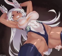 Rule 34 | 1girl, animal ears, armpits, arms up, blue thighhighs, blush, boku no hero academia, cameltoe, cleft of venus, commentary, covered erect nipples, covered navel, dark-skinned female, dark skin, dutch angle, english commentary, gloves, grin, jtveemo, leotard, long hair, mirko, parted bangs, rabbit ears, rabbit girl, rabbit tail, red eyes, smile, solo, sweat, tail, thighhighs, white gloves