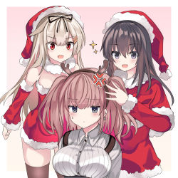 Rule 34 | 3girls, :d, akatsuki (kancolle), alternate costume, anger vein, antlers, atlanta (kancolle), bare shoulders, black hair, black ribbon, blonde hair, blush, breasts, christmas, commentary request, detached collar, detached sleeves, dress, dress shirt, fake antlers, fathom, fur-trimmed collar, fur-trimmed dress, fur-trimmed sleeves, fur trim, grey eyes, hair between eyes, hair ornament, hair ribbon, hairclip, hat, high-waist skirt, highres, horns, kantai collection, large breasts, long hair, multiple girls, open mouth, pink background, pink hair, purple eyes, red dress, red eyes, reindeer antlers, ribbon, santa costume, santa hat, shirt, simple background, skirt, smile, suspender skirt, suspenders, two side up, white shirt, yuudachi (kancolle)