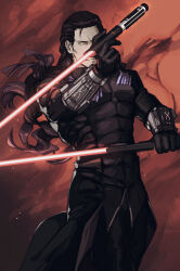 Rule 34 | 1boy, absurdres, black gloves, black hair, closed mouth, dual wielding, energy sword, fate/grand order, fate (series), gloves, glowing, glowing eyes, glowing sword, glowing weapon, highres, holding, holding sword, holding weapon, lightsaber, long hair, looking at viewer, male focus, nikola tesla (fate), sith, solo, star wars, sword, viscontiapclyps, weapon, yellow eyes