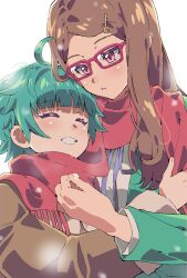Rule 34 | 2girls, ahoge, akai meganee, blunt bangs, brown coat, brown hair, coat, commentary request, glasses, green hair, green jacket, highres, hug, jacket, long hair, long sleeves, looking at another, looking down, multiple girls, omega auru, open mouth, pretty series, red-framed eyewear, red scarf, scarf, shared clothes, shared scarf, shirt, short hair, simple background, smile, tsujii luki, upper body, waccha primagi!, white background, white shirt, winter clothes