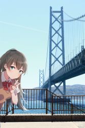 Rule 34 | 1girl, blue eyes, blush, bow, bowtie, breasts, bridge, brown hair, contrail, day, kantai collection, kumano (kancolle), long hair, medium breasts, outdoors, peeking out, photo background, ponytail, red bow, red bowtie, satsumi, shirt, short sleeves, sky, solo, sweater vest, v, water, white shirt