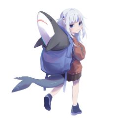 Rule 34 | 1girl, backpack, bag, gawr gura, haskyyyyy1, highres, hololive, hololive english, looking back, shark, simple background, skirt, tagme, tail, virtual youtuber, white background