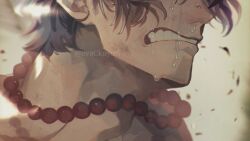 Rule 34 | 1boy, artist name, bead necklace, beads, black hair, clenched teeth, commentary, commentary request, crying, english commentary, injury, jewelry, male focus, mixed-language commentary, necklace, one piece, ovasayuri, portgas d. ace, sad, short hair, solo, streaming tears, tears, teeth