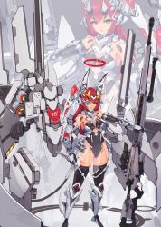 Rule 34 | 1girl, absurdres, armor, breasts, cleavage, commentary, covered navel, english commentary, eyepatch, green eyes, gun, gundam, gundam unicorn, halo, highres, holding, holding gun, holding knife, holding weapon, horns, huge weapon, knife, leotard, long hair, mechanical halo, medium breasts, one eye covered, red hair, rifle, science fiction, skindentation, sniper rifle, solo, standing, syaha, thighhighs, unicorn gundam, v-fin, weapon, zoom layer
