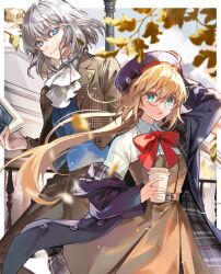 Rule 34 | 1boy, 1girl, ahoge, artoria caster (fate), artoria pendragon (fate), ascot, autumn, beret, blonde hair, blue eyes, book, bow, brown dress, brown suit, coat, contemporary, cup, disposable cup, dress, fate/grand order, fate (series), formal, glasses, green eyes, grey hair, hat, highres, holding, holding book, long hair, oberon (fate), plaid, poppoman, red bow, suit