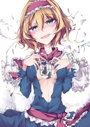 Rule 34 | 3girls, alice margatroid, amano chiharu, blonde hair, blue dress, blue eyes, blush, capelet, cover, cover page, dress, english text, frilled dress, frills, hairband, hakurei reimu, hands on own chest, head tilt, kirisame marisa, long sleeves, looking at viewer, multiple girls, open clothes, open dress, open mouth, ribbon, short hair, silhouette, tongue, touhou, white background