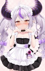 Rule 34 | 1girl, ahoge, alternate costume, apron, black dress, blush, braid, closed mouth, cocozasa, commentary request, demon girl, demon horns, dress, enmaided, frilled apron, frills, grey hair, hair ornament, hands up, heart, heart hair ornament, heart hands, highres, hololive, horns, la+ darknesss, long hair, looking at viewer, maid, maid apron, maid headdress, multicolored hair, pointy ears, purple hair, purple nails, sidelocks, solo, streaked hair, striped horns, sweatdrop, tokoyami towa, twintails, virtual youtuber, white wrist cuffs, wrist cuffs, yellow eyes