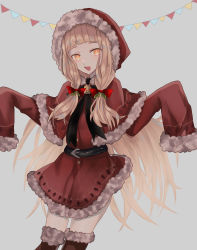 Rule 34 | + +, 1girl, :d, akitama2727, blonde hair, boots, christmas, dress, grey background, hair between eyes, hair ornament, hair ribbon, highres, long hair, long sleeves, looking at viewer, open mouth, red dress, red footwear, red hood, red riding hood (sinoalice), ribbon, simple background, sinoalice, smile, solo, twintails, yellow eyes
