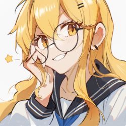 Rule 34 | 1girl, alternate costume, blonde hair, blue necktie, blush, closed mouth, collarbone, commentary request, earrings, eyelashes, glasses, hair between eyes, hair ornament, hairpin, hanamoto410, highres, jewelry, kirisame marisa, long hair, long sleeves, looking to the side, necktie, no headwear, puffy long sleeves, puffy sleeves, sailor collar, school uniform, serafuku, shirt, simple background, smile, solo, star (symbol), star in eye, symbol in eye, teeth, touhou, upper body, white background, white shirt, yellow eyes