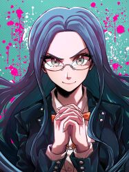 &gt;:) 1girl black_jacket blood blue_hair bow buttons collared_shirt cowboy_shot danganronpa_(series) danganronpa_v3:_killing_harmony dork_ill evil_smile glasses highres jacket long_hair long_sleeves looking_at_viewer orange_bow own_hands_clasped own_hands_together pink_blood school_uniform shirogane_tsumugi shirt skirt smile v-shaped_eyebrows white_shirt