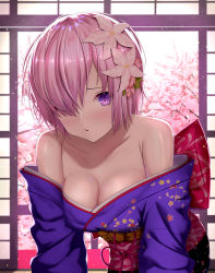 Rule 34 | 1girl, absurdres, breasts, cleavage, collarbone, fate/grand order, fate (series), flower, hair flower, hair ornament, hair over one eye, happy new year, highres, huge filesize, indoors, japanese clothes, kimono, leaning forward, looking at viewer, mash kyrielight, mash kyrielight (grand new year), medium breasts, new year, off shoulder, official alternate costume, pink hair, print kimono, purple eyes, purple kimono, solo, sou skate714, white flower
