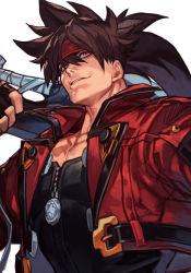 Rule 34 | 1boy, black shirt, brown hair, fingerless gloves, fireseal, gloves, guilty gear, hair between eyes, headband, hungry clicker, jacket, over shoulder, ponytail, red jacket, shirt, sol badguy, solo, spiked hair, sword, upper body, weapon, weapon over shoulder, white background