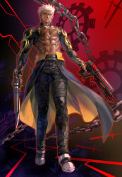 Rule 34 | 1boy, abs, alternate hairstyle, black pants, chain, dark skin, dual wielding, emiya alter, fate/grand order, fate (series), full body, gun, highres, holding, holding gun, holding weapon, kim yura (goddess mechanic), large pectorals, looking at viewer, pectoral cleavage, male focus, muscular, muscular male, navel, nipples, pants, pectorals, short hair, shrug (clothing), solo, standing, stomach, unlimited blade works (fate), very dark skin, weapon