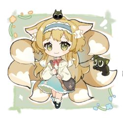 Rule 34 | 1girl, animal ears, arknights, bag, black cat, black footwear, blonde hair, blue hairband, blue skirt, blush, cat, chibi, closed mouth, commentary request, crossover, fox ears, fox girl, fox tail, frilled hairband, frills, full body, green eyes, hairband, heixiu, jacket, kaqiusha821, kitsune, long sleeves, looking at viewer, luo xiaohei, multicolored hair, neck ribbon, on head, puffy long sleeves, puffy sleeves, red ribbon, ribbon, shirt, shoes, shoulder bag, skirt, smile, socks, suzuran (arknights), suzuran (spring praise) (arknights), tail, luo xiaohei zhanji, two-tone hair, white hair, white jacket, white shirt, white socks