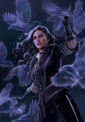 Rule 34 | 1girl, bird, black gloves, black hair, black pants, crow, gloves, gwent (game), highres, long hair, magic, mole, mole under mouth, non-web source, pants, purple eyes, the witcher (series), the witcher 3, yennefer of vengerberg