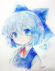 Rule 34 | 1girl, artist name, blue bow, blue eyes, blue hair, blue vest, bow, cirno, closed mouth, commentary request, cropped torso, hair between eyes, hair bow, highres, ice, ice wings, mimi (ikrptppt), neck ribbon, one-hour drawing challenge, painting (medium), red ribbon, ribbon, shirt, short hair, smile, solo, touhou, traditional media, vest, watercolor (medium), white shirt, wings