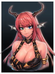Rule 34 | 1girl, armlet, belt, blue eyes, breasts, buckle, cain (gunnermul), chaos (dungeon and fighter), cleavage, dungeon and fighter, fins, green eyes, halterneck, head fins, heterochromia, highres, horns, knight (dungeon and fighter), large breasts, long hair, pink hair, smile, smirk, solo, upper body