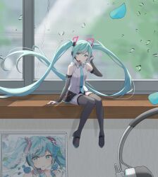 Rule 34 | 1girl, absurdly long hair, annotated, aqua eyes, aqua hair, aqua nails, aqua necktie, arm support, artist self-reference, bare shoulders, black skirt, black sleeves, black thighhighs, blue flower, commentary, detached sleeves, drawing (object), drawing kanon, falling petals, floating hair, flower, full body, hair ornament, hand on headphones, hatsune miku, hatsune miku (vocaloid4), headphones, headphones removed, headset, high heels, highres, indoors, long hair, looking to the side, mini person, minigirl, miniskirt, nail polish, necktie, petals, pleated skirt, rain, see-through, see-through sleeves, shirt, sideways glance, sitting, skirt, sleeveless, sleeveless shirt, smile, solo, thighhighs, twintails, v4x, very long hair, vocaloid, water drop, white shirt, window, windowsill, zettai ryouiki