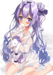 Rule 34 | 1girl, ahoge, azur lane, blush, breasts, cleavage, collarbone, commentary request, covering own mouth, hair bun, highres, honoka chiffon, long hair, looking at viewer, naked shirt, no panties, partially unbuttoned, purple eyes, purple hair, shirt, single hair bun, sitting, stuffed unicorn, stuffed winged unicorn, unicorn (azur lane), wariza
