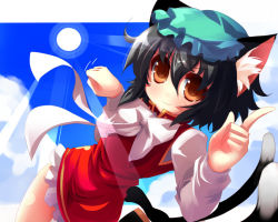 Rule 34 | 1girl, animal ears, black hair, brown eyes, cat ears, cat girl, cat tail, chen, dress, female focus, hat, multiple tails, outdoors, shin (new), short hair, sky, solo, tail, touhou