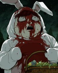 Rule 34 | 1boy, basket, black eyes, blood, blood on clothes, blood on face, constricted pupils, cosplay, cowboy shot, dlcu3w, easter bunny, easter bunny (cosplay), eric cartman, highres, holding, holding basket, long sleeves, male focus, night, open mouth, outdoors, solo, south park, standing, teeth