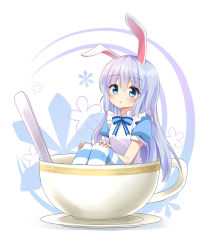 Rule 34 | 1girl, absurdres, alice (alice in wonderland), alice (alice in wonderland) (cosplay), alice in wonderland, animal ears, apron, blue bow, blue bowtie, blue eyes, blue hair, blue pantyhose, blush, bow, bowtie, commentary, cosplay, cup, english commentary, gochuumon wa usagi desu ka?, highres, ikazu401, in container, in cup, kafuu chino, long hair, looking at viewer, pantyhose, parted lips, puffy short sleeves, puffy sleeves, rabbit ears, short sleeves, sitting, solo, spoon, striped clothes, striped pantyhose, teacup, tray, white apron
