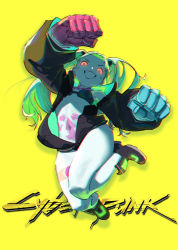 Rule 34 | 1girl, artificial eye, breasts, colored sclera, colored skin, commentary request, cyberpunk (series), cyberpunk edgerunners, green hair, highres, jacket, jumping, leg tattoo, leng sediao kafei, looking at viewer, mechanical arms, mechanical eye, navel, neck tattoo, open clothes, open jacket, petite, pink tattoo, rebecca (cyberpunk), red eyes, red sclera, samurai jacket (cyberpunk), small breasts, solo, stomach tattoo, tattoo, twintails, underwear, white skin