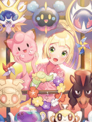 Rule 34 | 1girl, alternate costume, artist name, blonde hair, character mask, character print, clefairy, comfey, commentary request, cosmog, creatures (company), game freak, gen 1 pokemon, gen 7 pokemon, gen 8 pokemon, green eyes, happy, highres, holding, holding mask, japanese clothes, kimono, kinocopro, legendary pokemon, lillie (pokemon), looking at viewer, lunala, magearna, mask, mudsdale, mythical pokemon, nihilego, nintendo, open mouth, pink kimono, pinwheel, pokemon, pokemon (creature), pokemon sm, polteageist, print kimono, ribombee, smile, solgaleo, solo, twitter username, ultra beast, watermark