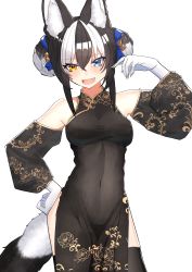 Rule 34 | 1girl, absurdres, alternate costume, alternate hairstyle, animal ears, bad id, bad pixiv id, bare shoulders, black dress, black hair, black thighhighs, blue eyes, china dress, chinese clothes, commentary request, detached sleeves, double bun, dress, gloves, grey hair, grey wolf (kemono friends), hair bun, hand on own hip, heterochromia, highres, impossible clothes, kemono friends, multicolored hair, ponta (matsuokazieg), short hair, sidelocks, solo, tail, thighhighs, white gloves, white hair, wolf ears, wolf girl, wolf tail, yellow eyes