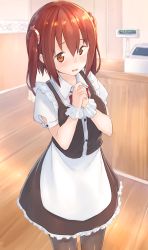 Rule 34 | 10s, 1girl, alternate costume, apron, black pantyhose, blush, brown eyes, brown hair, buttons, cash register, ebina nana, frills, highres, himouto! umaru-chan, indoors, kyoo-kyon (kyo-kyon), looking at viewer, maid, maid apron, open mouth, own hands together, pantyhose, short hair, short sleeves, solo, twintails, waitress, wooden floor, wrist cuffs, yuki arare