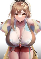 Rule 34 | 1girl, alternate breast size, atelier (series), atelier ryza, breasts, brown eyes, brown hair, cleavage, collar, earrings, emp (denjipgre), huge breasts, jacket, jewelry, leaning forward, looking at viewer, medium hair, necklace, red shorts, reisalin stout, short shorts, shorts, sleeveless, standing, thick thighs, thighs, white headwear