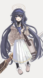 Rule 34 | 1girl, absurdres, black hair, blue archive, blue eyes, blue hairband, blue neckerchief, bolt-action rifle, bolt action, bow, box, brown footwear, brown sweater, buttons, carbine, d:, de lisle carbine, facing viewer, footwear bow, grey background, gun, hairband, halo, highres, holding, holding strap, holding weapon, integral suppressor, integrally-suppressed firearm, inuinununununu, jewelry, long hair, looking at viewer, neckerchief, necklace, open mouth, pendant, pistol-caliber carbine, pleated skirt, rifle, sailor collar, simple background, skirt, slippers, solo, standing, strap, suppressor, sweater, twintails, ui (blue archive), weapon, white sailor collar, white skirt