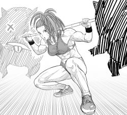 Rule 34 | 1girl, abs, bare shoulders, breasts, buruma, captain mizuki, fighting stance, greyscale, high ponytail, highres, holding, holding staff, looking at viewer, medium breasts, monochrome, muscular, muscular female, navel, one-punch man, parted lips, shoes, side ponytail, solo, sports bra, squatting, staff, sweat, wristband, y naf