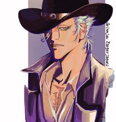 Rule 34 | 1boy, absurdres, be023, bleach, blue eyes, blue hair, character name, collarbone, collared shirt, cowboy hat, english text, grimmjow jaegerjaquez, hair between eyes, hat, highres, looking at viewer, male focus, one eye covered, open mouth, outside border, scar, scar on chest, shirt