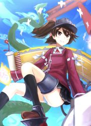 Rule 34 | 10s, 1girl, architecture, bad id, bad pixiv id, black legwear, blue sky, blush, brown eyes, brown hair, cloud, commentary request, day, dragon, east asian architecture, eastern dragon, japanese clothes, kantai collection, kariginu, long sleeves, machinery, magatama, miniskirt, onmyouji, panties, pantyshot, ribbon, ryuujou (kancolle), scroll, shikigami, skirt, sky, smile, solo, torii, twintails, underwear, upskirt, visor cap, weasel (close-to-the-edge), wind
