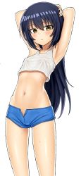 Rule 34 | 10s, 1girl, absurdres, armpits, arms behind head, arms up, black hair, blue shorts, blush, breasts, brown eyes, casual, closed mouth, commentary, covered erect nipples, cowboy shot, crop top, girls und panzer, hairband, highres, light frown, long hair, looking at viewer, midriff, navel, reizei mako, sc naru, shirt, short shorts, shorts, simple background, small breasts, solo, standing, sweat, tank top, thighs, white background, white hairband, white shirt