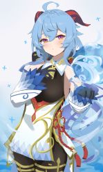 Rule 34 | absurdres, ahoge, bare shoulders, bell, black gloves, blue hair, blush, breasts, chinese knot, detached sleeves, evening rabbit, flower knot, ganyu (genshin impact), genshin impact, gloves, gold trim, highres, horns, long hair, looking at viewer, multicolored eyes, neck bell, orb, sketch, solo, standing, thighlet, very long hair, vision (genshin impact)
