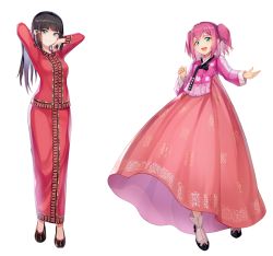Rule 34 | 2girls, :d, aqua eyes, blue eyes, blunt bangs, blush, boots, bow, brown footwear, brown hair, brown skirt, btraphen, closed mouth, commentary request, full body, hair between eyes, hanbok, head tilt, high-waist skirt, korean clothes, kurosawa dia, kurosawa ruby, long hair, long skirt, long sleeves, looking at viewer, love live!, love live! school idol festival, love live! sunshine!!, mole, mole under mouth, multiple girls, open mouth, pink hair, red bow, red shirt, red skirt, round teeth, shirt, shoes, simple background, skirt, smile, standing, teeth, two side up, upper teeth only, very long hair, white background
