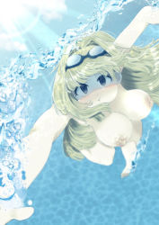 Rule 34 | 1girl, asphyxiation, completely nude, goggles, goggles on head, highres, holding breath, long hair, nude, original, underwater