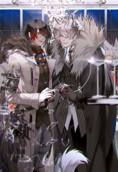 Rule 34 | 2boys, absurdres, alcohol, animal ears, arknights, armband, black cape, black hair, black jacket, black shirt, cape, coat, cowboy shot, cup, drinking glass, fur-trimmed coat, fur trim, glasses, gloves, gnosis (arknights), hair over one eye, highres, holding, holding cup, ikag, indoors, jacket, kjerag logo, leopard ears, long sleeves, male focus, multicolored hair, multiple boys, open clothes, open coat, parted lips, red hair, shirt, silver hair, silverash (arknights), smile, standing, streaked hair, turtleneck, white coat, white gloves, window, wine, wine glass