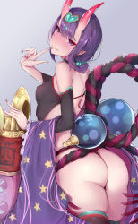 Rule 34 | 1girl, ass, back, bare shoulders, black thighhighs, blush, breasts, chinese clothes, closed mouth, club, club (weapon), covered erect nipples, detached sleeves, dudou, eyeliner, fate/grand order, fate (series), forehead jewel, gourd, gradient background, grey background, headpiece, heart, highres, hip focus, horns, looking at viewer, looking back, low twintails, makeup, oni, pointy ears, purple eyes, purple hair, rope, sash, sherryqq, short eyebrows, short hair, short twintails, shuten douji (fate), shuten douji (fate/grand order), shuten douji (halloween caster) (fate), skin-covered horns, small breasts, smile, solo, spiked club, star (symbol), star print, thighhighs, thighs, twintails, weapon