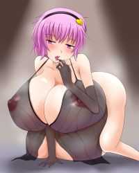 Rule 34 | 1girl, breasts, elbow gloves, gigantic breasts, gloves, highres, komeiji satori, nightgown, pink eyes, pink hair, pregnant, see-through, shown, solo, touhou