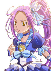 Rule 34 | 1girl, :d, aikawa yousuke, blue neckwear, choker, collarbone, cure beat, earrings, hair ornament, high ponytail, jewelry, long hair, magical girl, open mouth, precure, purple hair, short sleeves, side ponytail, simple background, smile, solo, suite precure, very long hair, white background, yellow eyes