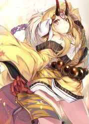 Rule 34 | 1girl, bare shoulders, beads, blonde hair, closed mouth, facial mark, fal maro, fate/grand order, fate (series), floral print, highres, horns, ibaraki douji (fate), japanese clothes, kimono, long hair, long sleeves, looking at viewer, oni horns, prayer beads, rope, solo, tattoo, wide sleeves, yellow eyes