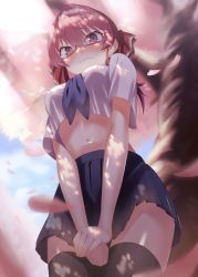 Rule 34 | 1girl, absurdres, alternate costume, black thighhighs, blue neckwear, blue skirt, blue sky, blurry, blurry background, blurry foreground, blush, breasts, cherry blossoms, closed mouth, commentary, crop top, depth of field, embarrassed, from below, glasses, grey eyes, hair ribbon, highres, hololive, houshou marine, large breasts, long hair, looking at viewer, looking down, meme tesshin, midriff, pink eyes, pleated skirt, red hair, red ribbon, ribbon, school uniform, shadow, shiny skin, shirt, short sleeves, sidelocks, skirt, sky, solo, thighhighs, virtual youtuber, white shirt, zettai ryouiki